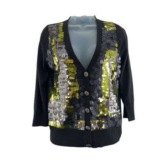 St. John Couture Cardigan Women's P Black Sequin Wool Silk Cashmere Buttons - Picture 1 of 16